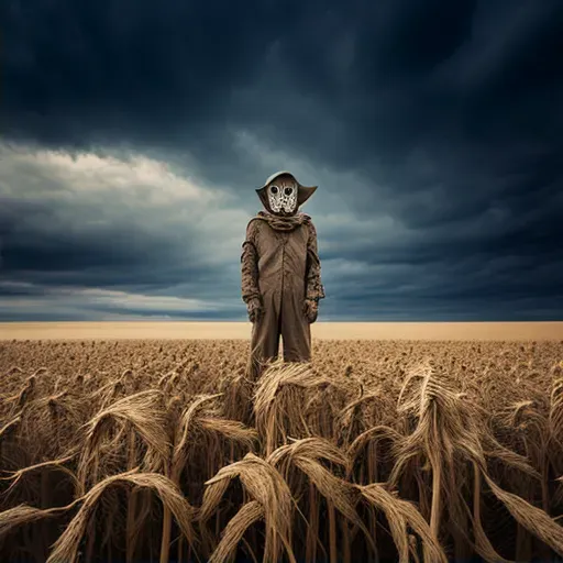 Lonely scarecrow standing in an empty cornfield under a cloudy sky in an image generated by a prompt. - Image 2