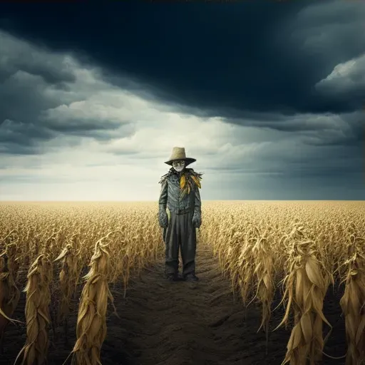 Lonely scarecrow standing in an empty cornfield under a cloudy sky in an image generated by a prompt. - Image 3