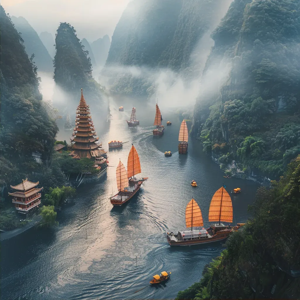 Chinese junks on misty river - Image 2