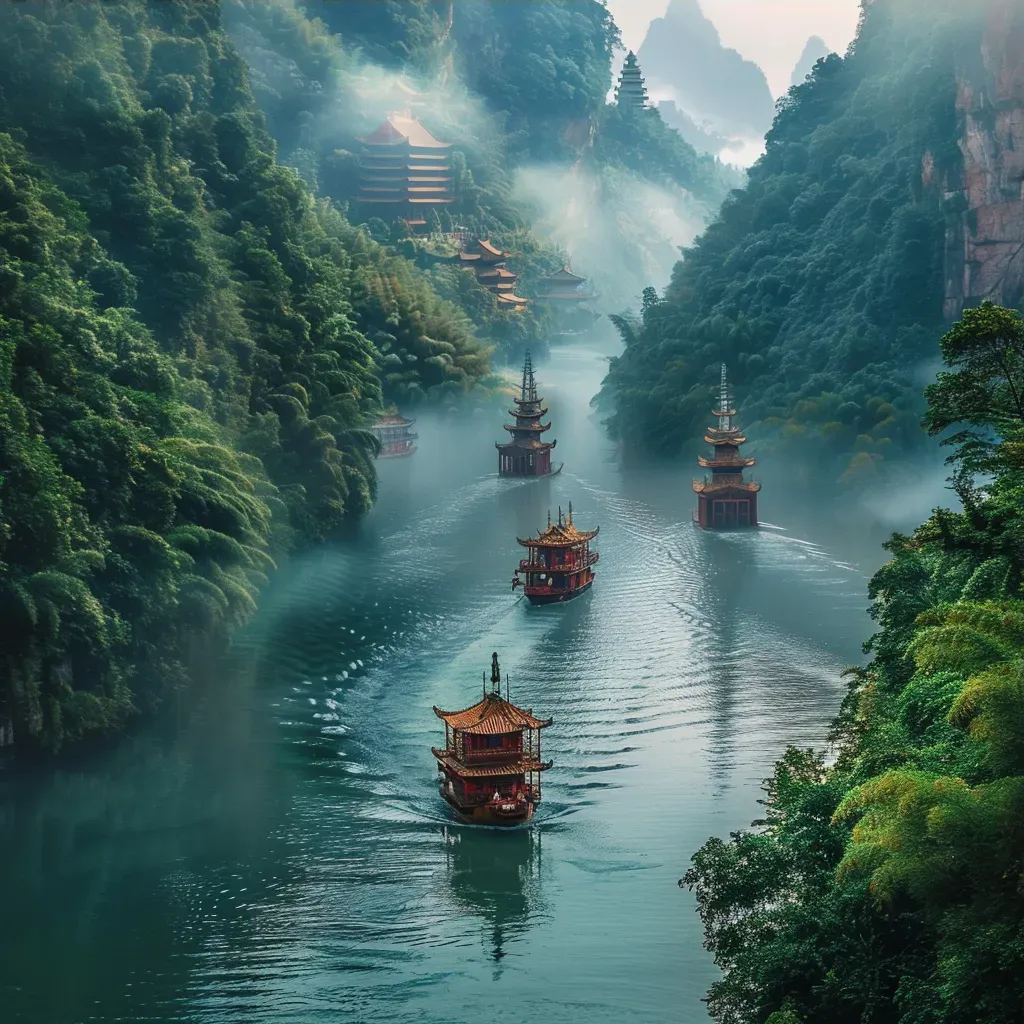 Chinese junks on misty river - Image 3