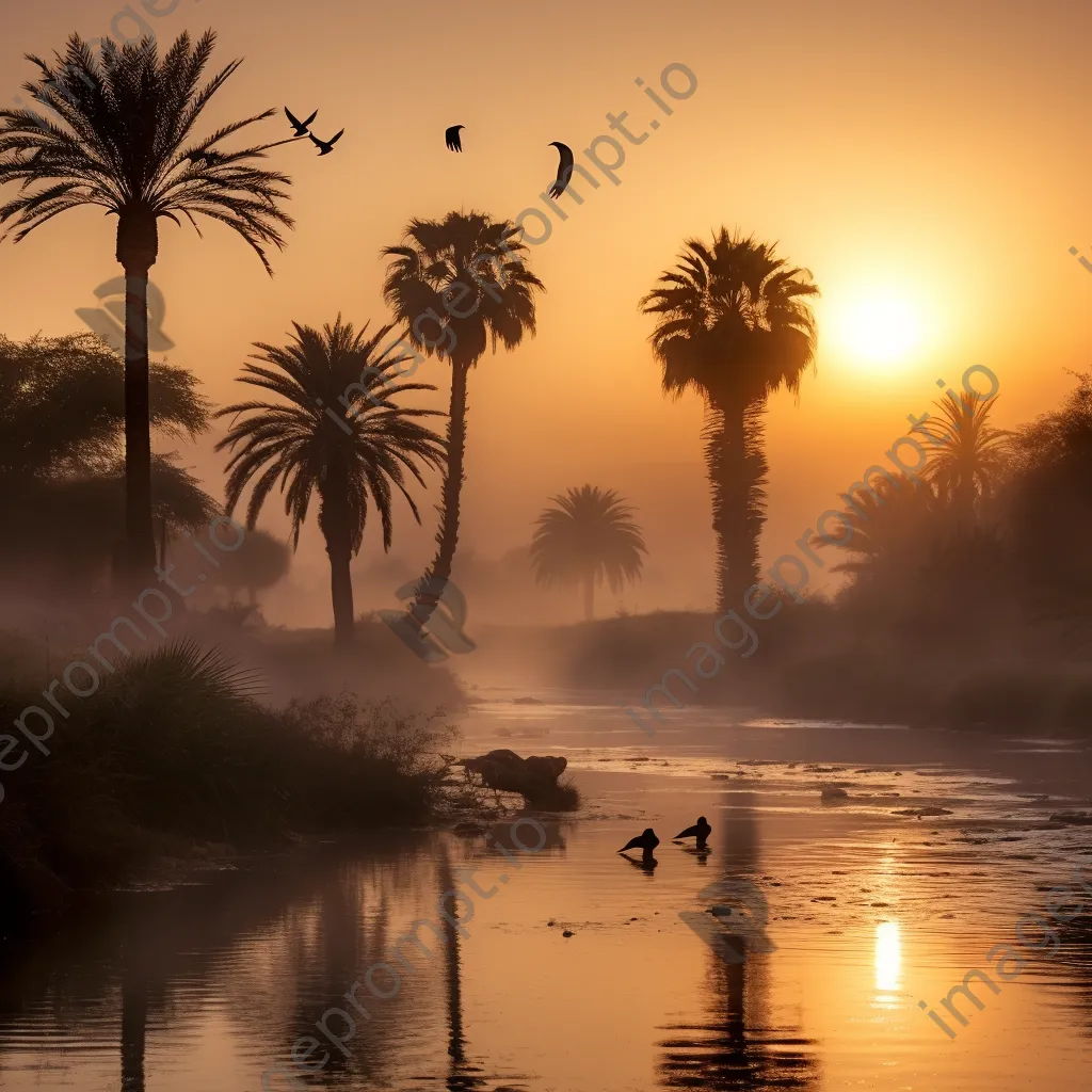 Oasis at dawn with mist and wildlife - Image 1