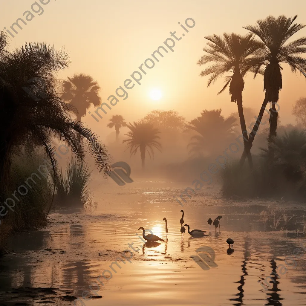 Oasis at dawn with mist and wildlife - Image 2