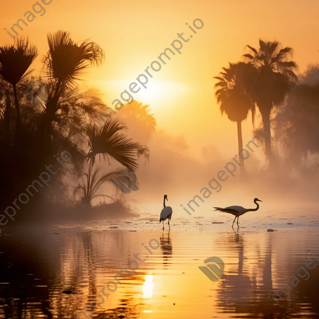 Oasis at dawn with mist and wildlife - Image 3