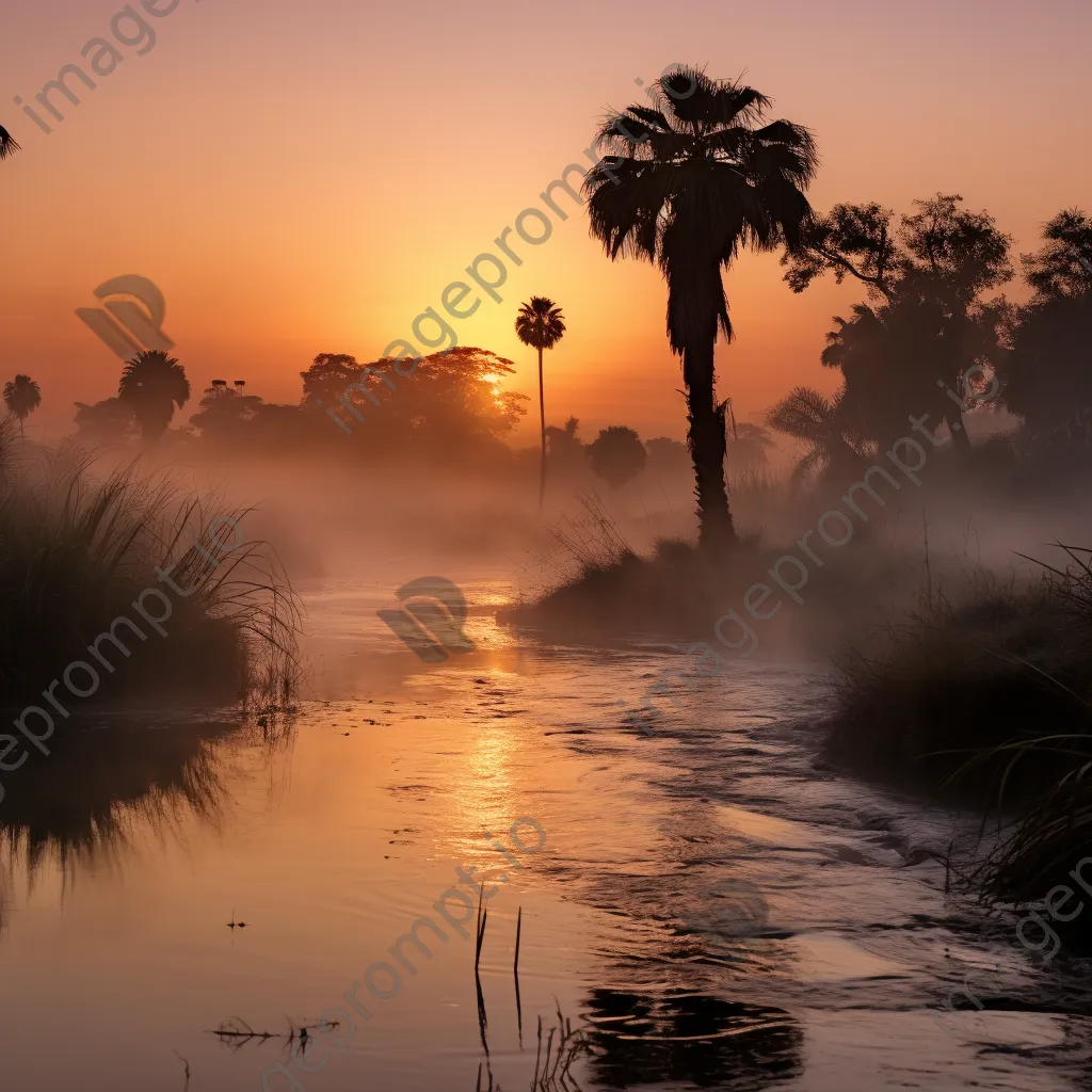 Oasis at dawn with mist and wildlife - Image 4