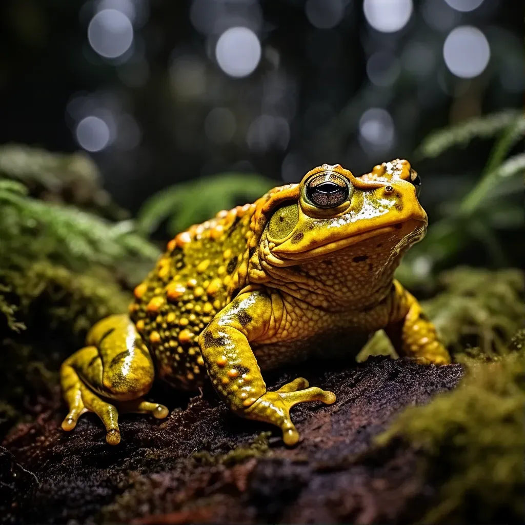 Shimmering golden toad camouflaged in mossy forest - Image 1