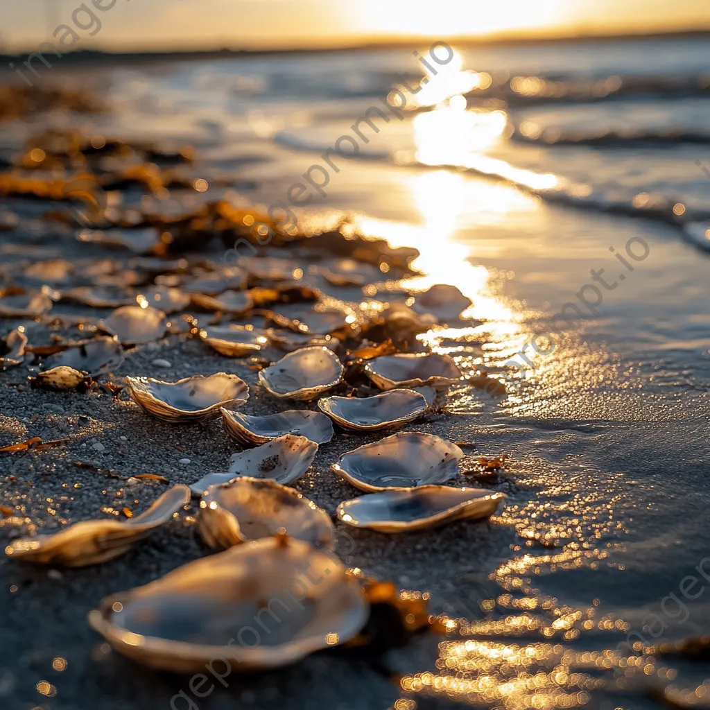 Oyster shells on the beach during golden hour - Image 1