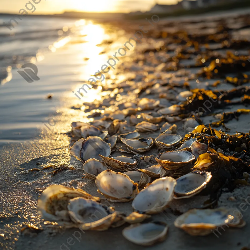 Oyster shells on the beach during golden hour - Image 2