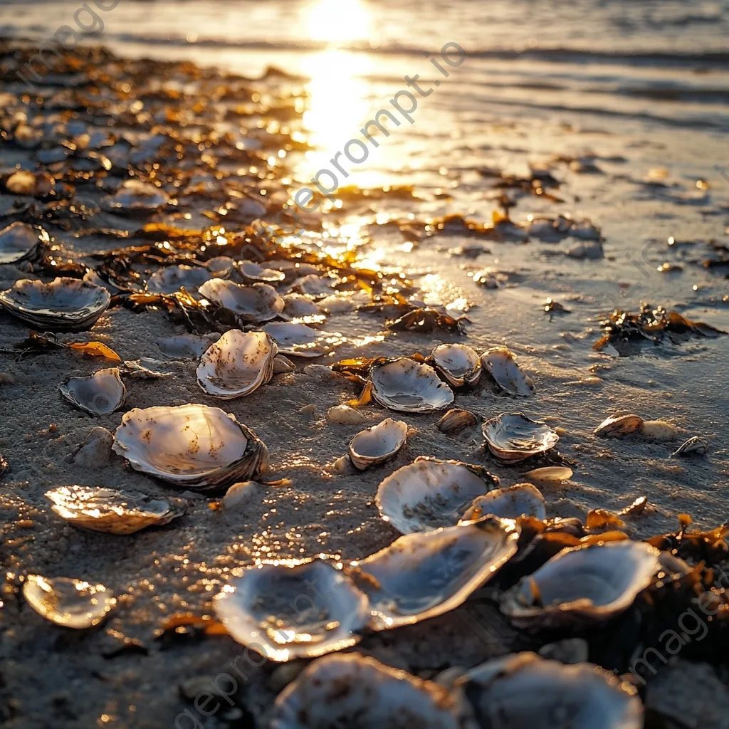 Oyster shells on the beach during golden hour - Image 4