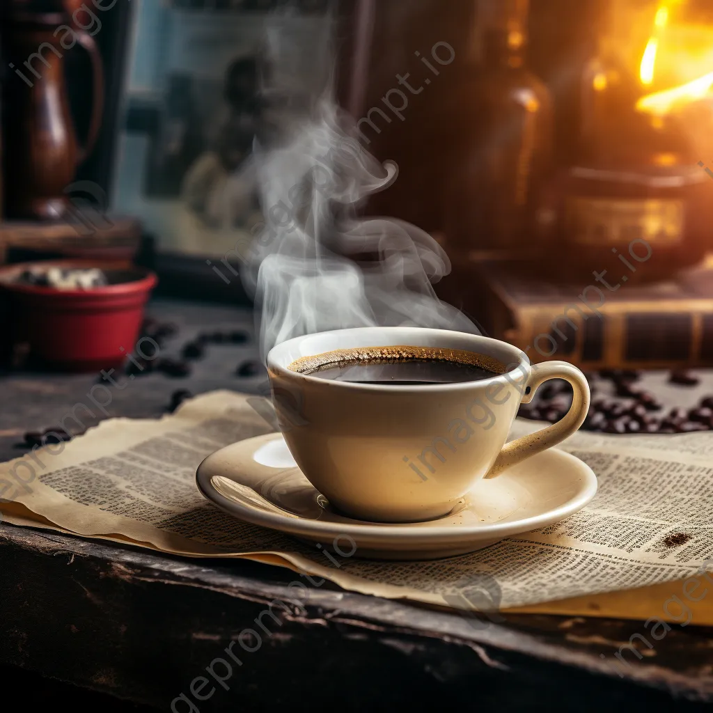 Cup of black coffee on a vintage newspaper backdrop. - Image 2