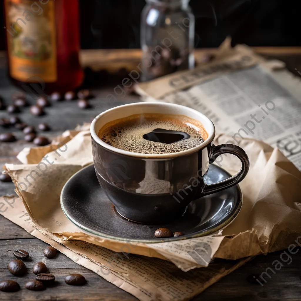 Cup of black coffee on a vintage newspaper backdrop. - Image 3