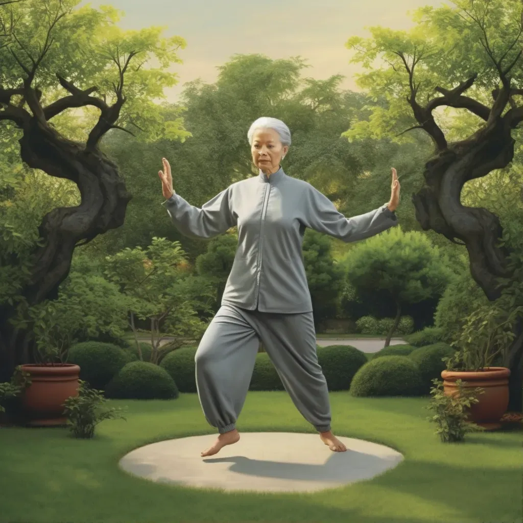 Elderly woman with silver hair practicing Tai Chi in a peaceful garden at dawn - Image 1