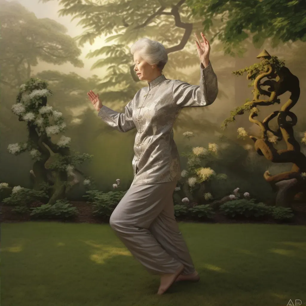 Elderly woman with silver hair practicing Tai Chi in a peaceful garden at dawn - Image 2