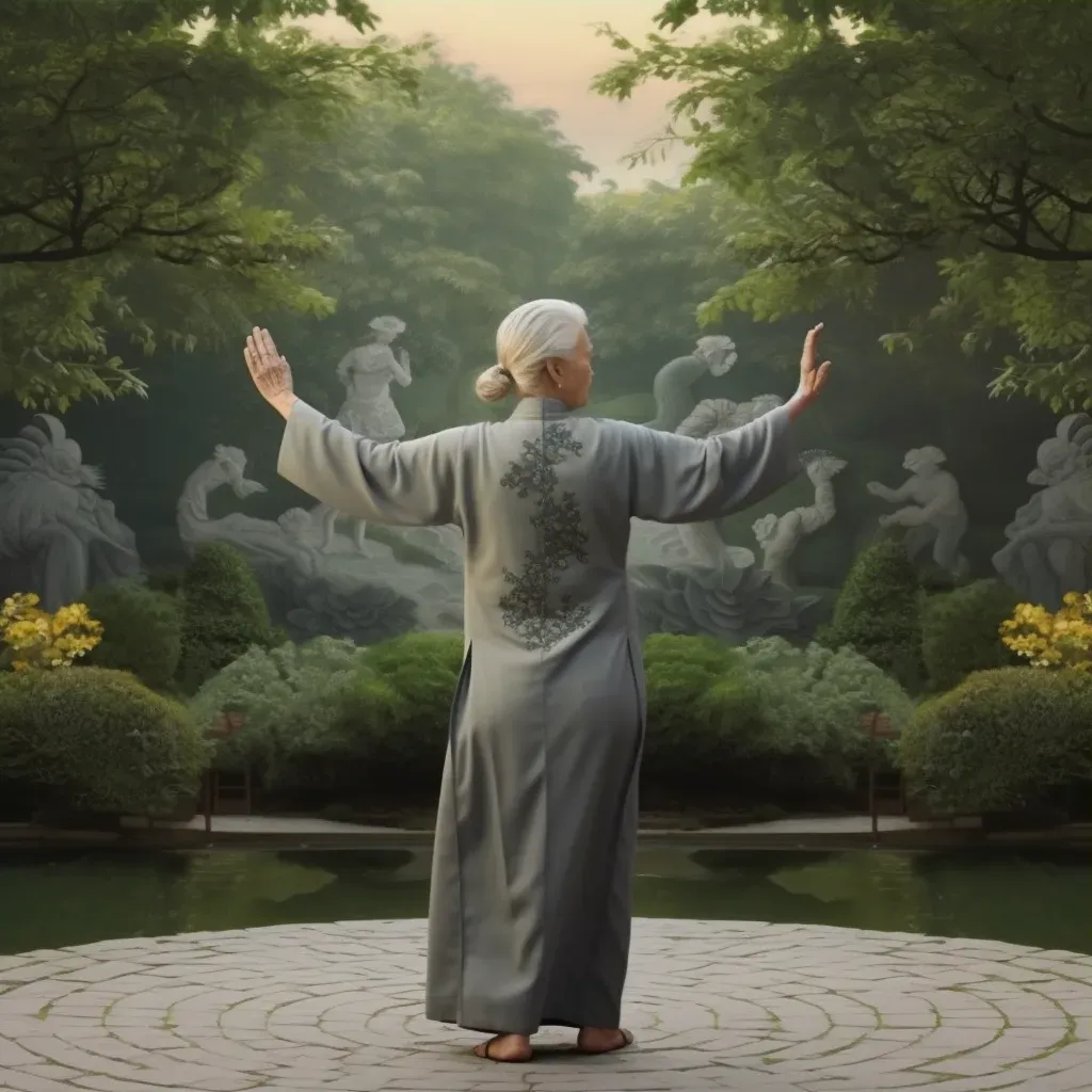 Elderly woman with silver hair practicing Tai Chi in a peaceful garden at dawn - Image 3