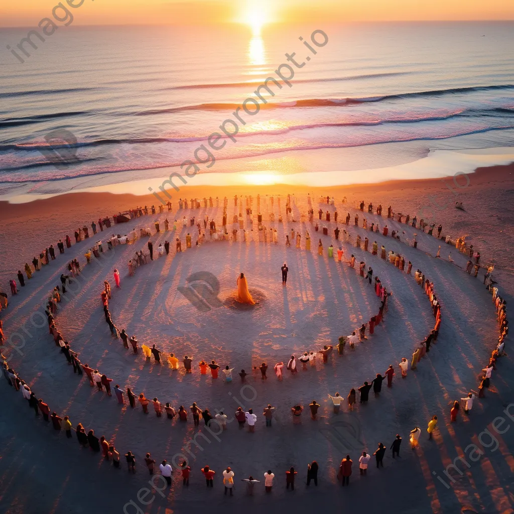 Aerial view of a beach yoga class at dawn - Image 1