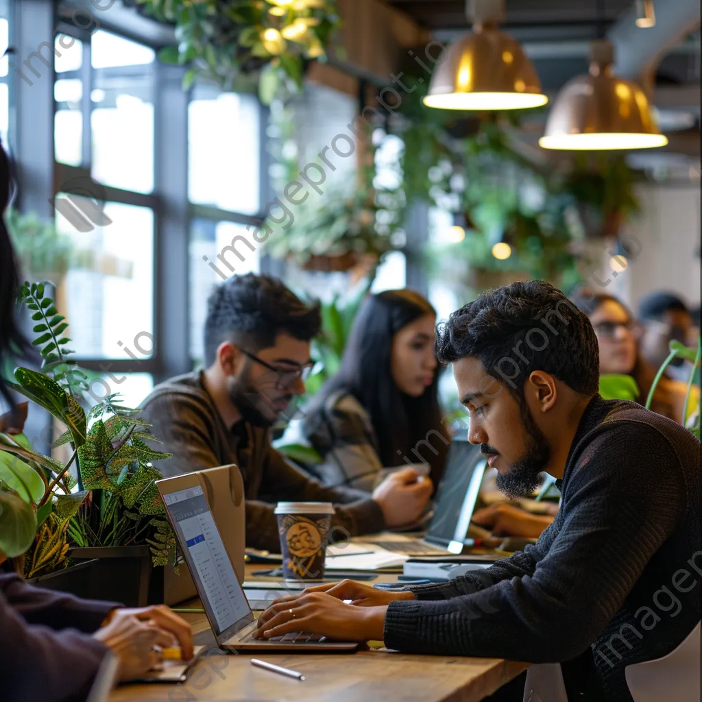 Developers coding in a cozy co-working space with plants and cloud references. - Image 1