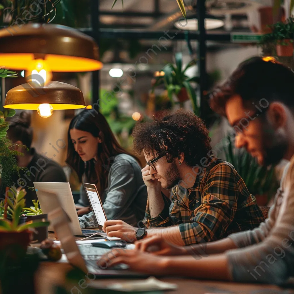 Developers coding in a cozy co-working space with plants and cloud references. - Image 2