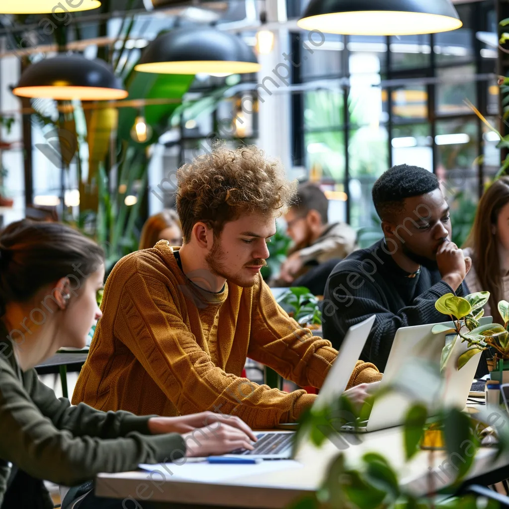 Developers coding in a cozy co-working space with plants and cloud references. - Image 3