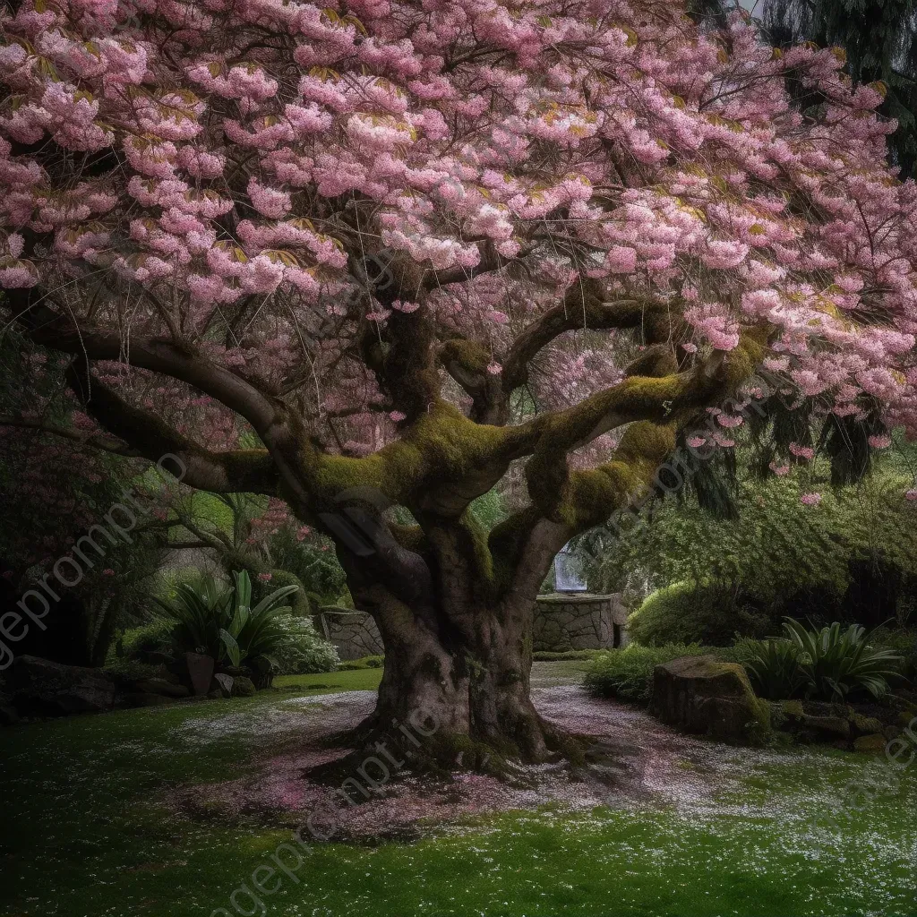 Cherry blossom tree in full bloom in lush garden with falling pink petals - Image 1