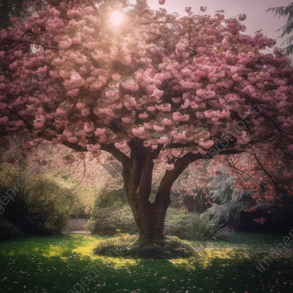 Cherry blossom tree in full bloom in lush garden with falling pink petals - Image 2