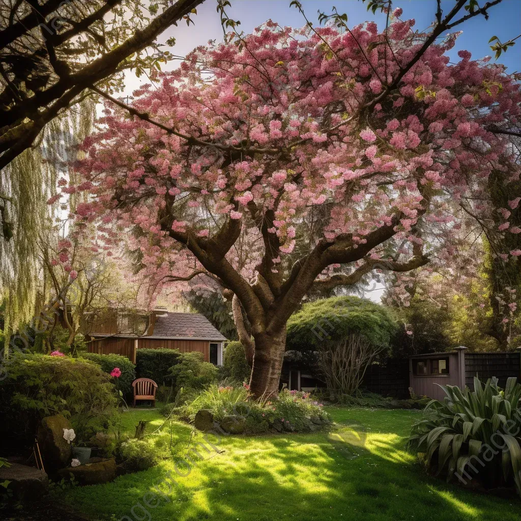 Cherry blossom tree in full bloom in lush garden with falling pink petals - Image 3