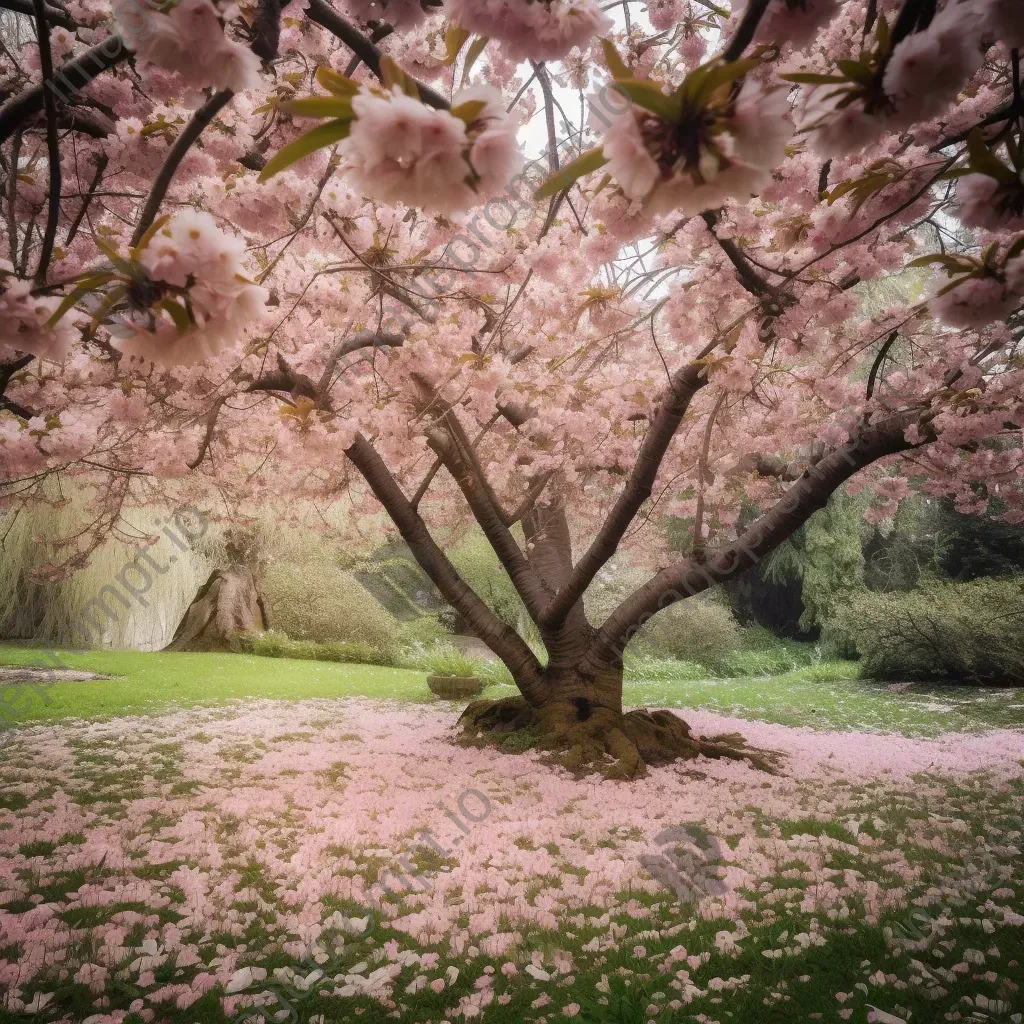 Cherry blossom tree in full bloom in lush garden with falling pink petals - Image 4