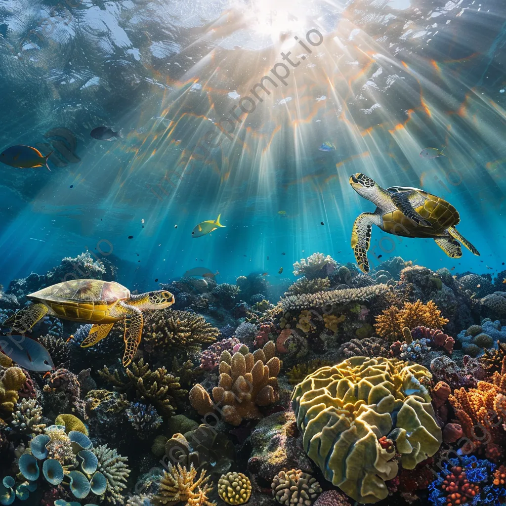 Underwater image of sea turtles swimming in a colorful coral garden. - Image 1