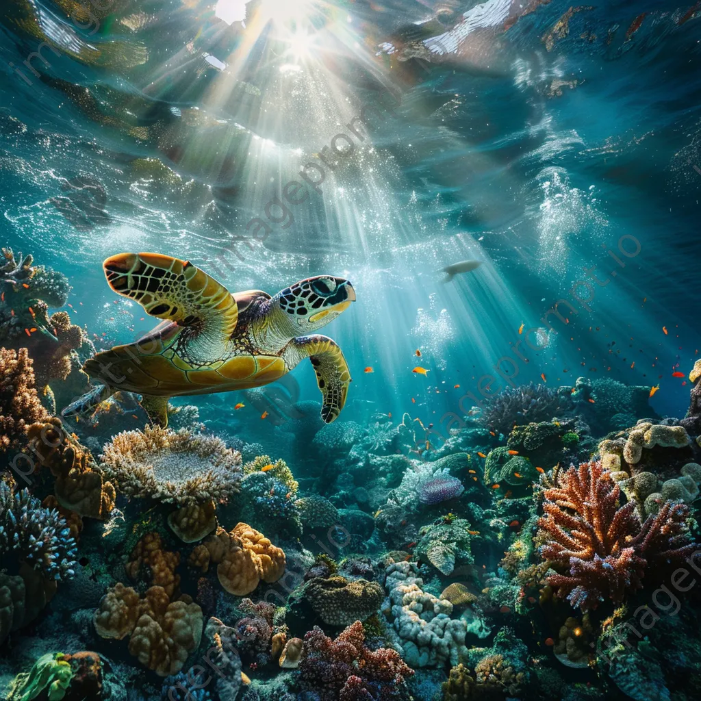 Underwater image of sea turtles swimming in a colorful coral garden. - Image 2