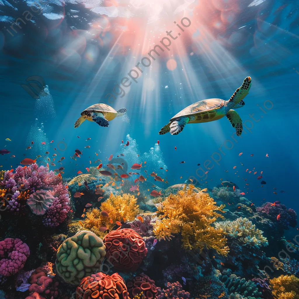 Underwater image of sea turtles swimming in a colorful coral garden. - Image 3