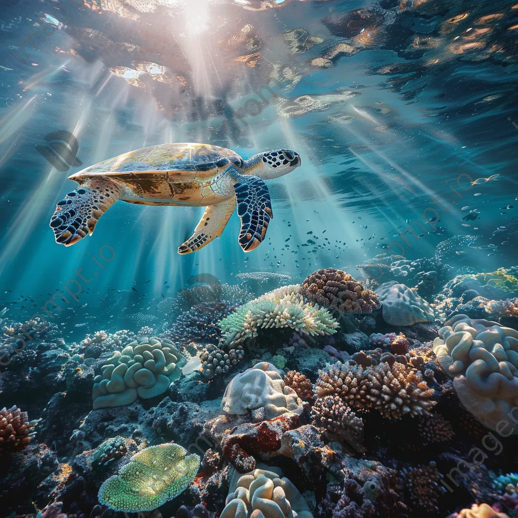 Underwater image of sea turtles swimming in a colorful coral garden. - Image 4