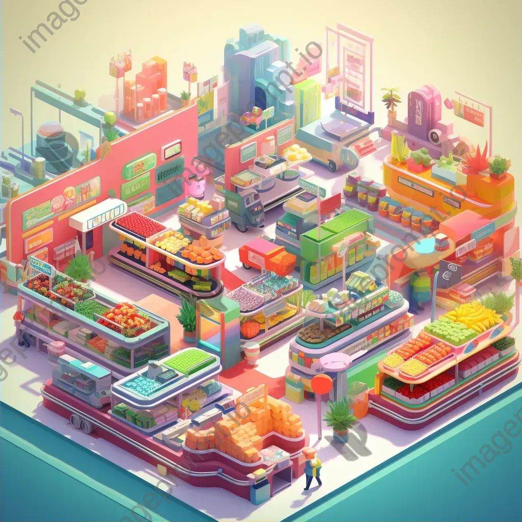 Isometric view of a low poly bustling supermarket with vibrant produce aisles - Image 2