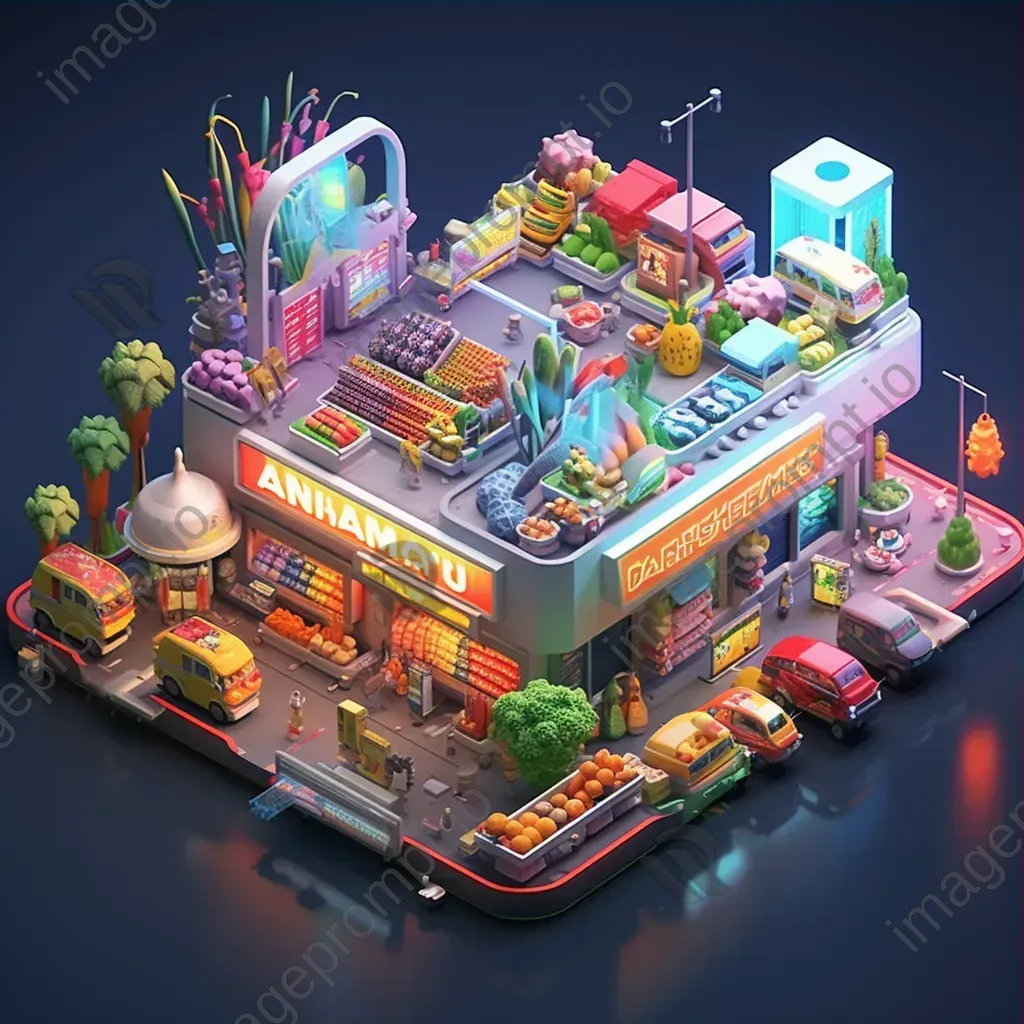 Isometric view of a low poly bustling supermarket with vibrant produce aisles - Image 3