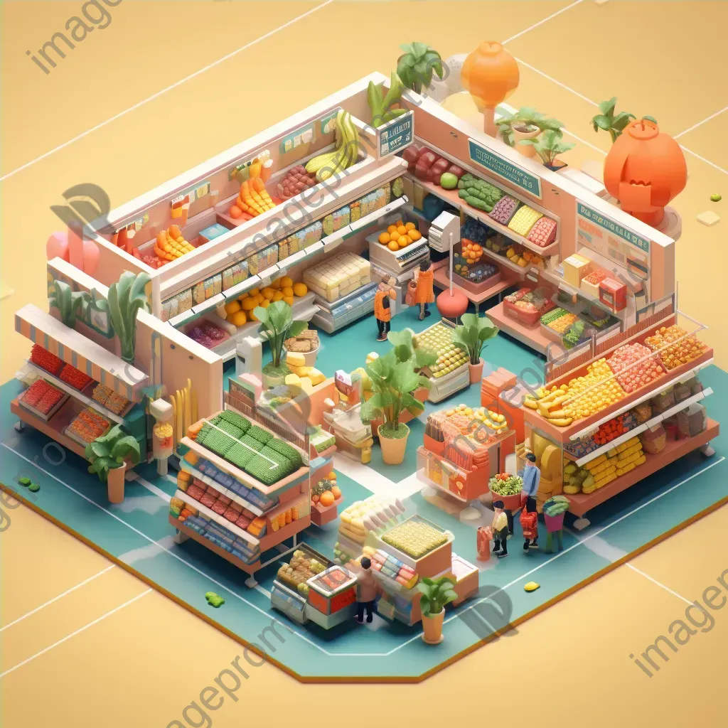 Isometric view of a low poly bustling supermarket with vibrant produce aisles - Image 4