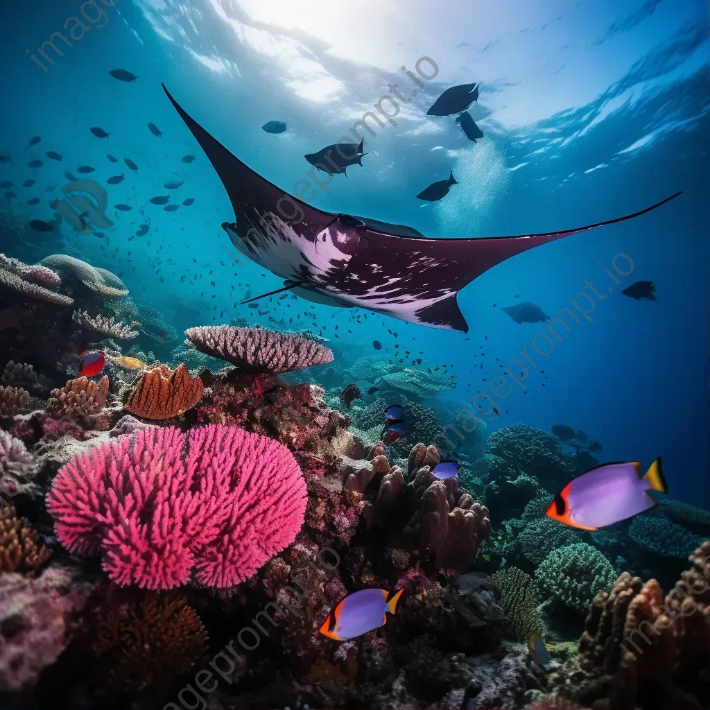 Serene coral reef with manta rays swimming overhead, taken with a Fujifilm GFX 100S. - Image 1