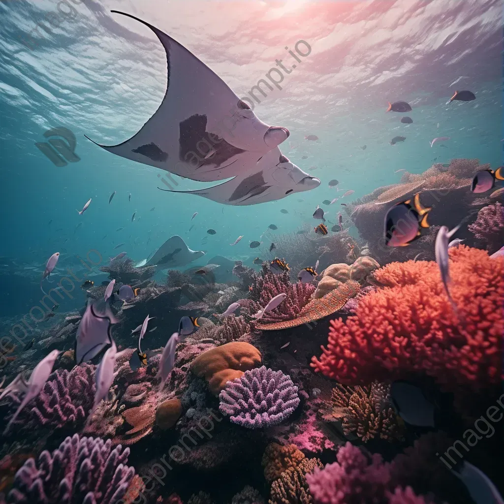 Serene coral reef with manta rays swimming overhead, taken with a Fujifilm GFX 100S. - Image 3