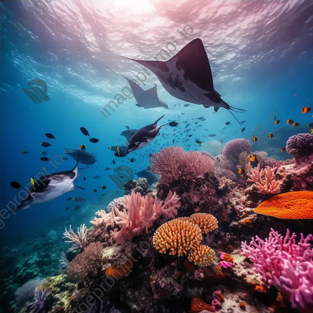 Serene coral reef with manta rays swimming overhead, taken with a Fujifilm GFX 100S. - Image 4