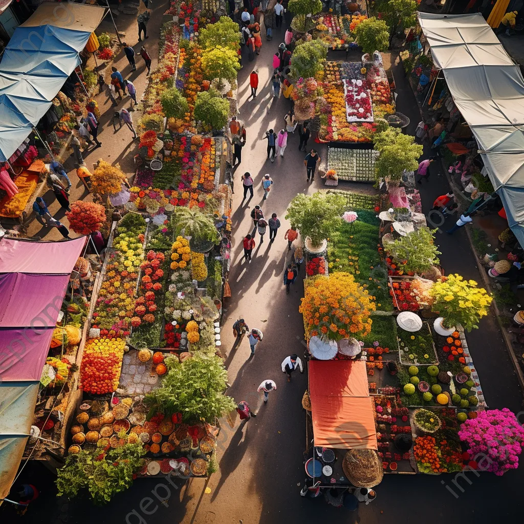 Overhead shot of a vibrant street market displaying fresh flowers and plants in various colors. - Image 2