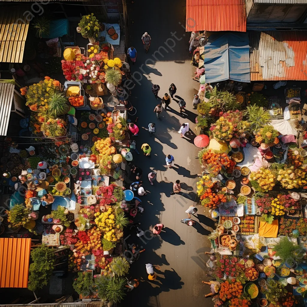 Overhead shot of a vibrant street market displaying fresh flowers and plants in various colors. - Image 4