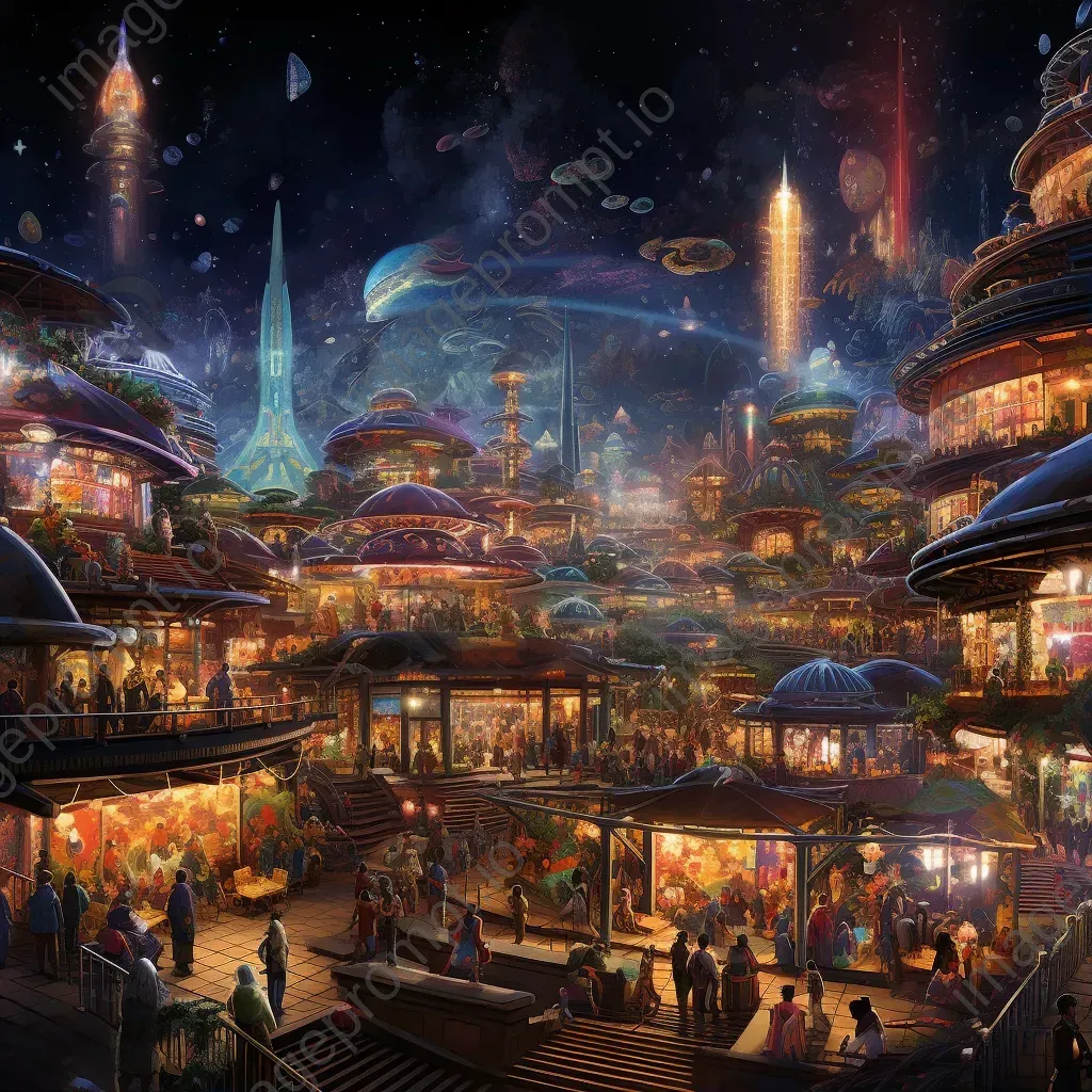 Bustling alien marketplace illuminated by starlight, amalgamation of future and Mayan art - Image 1