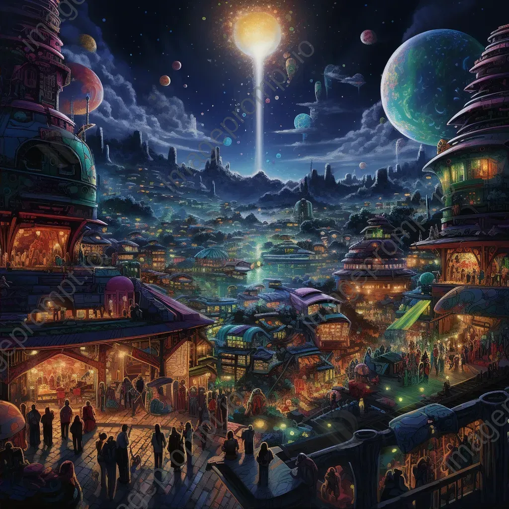 Bustling alien marketplace illuminated by starlight, amalgamation of future and Mayan art - Image 2