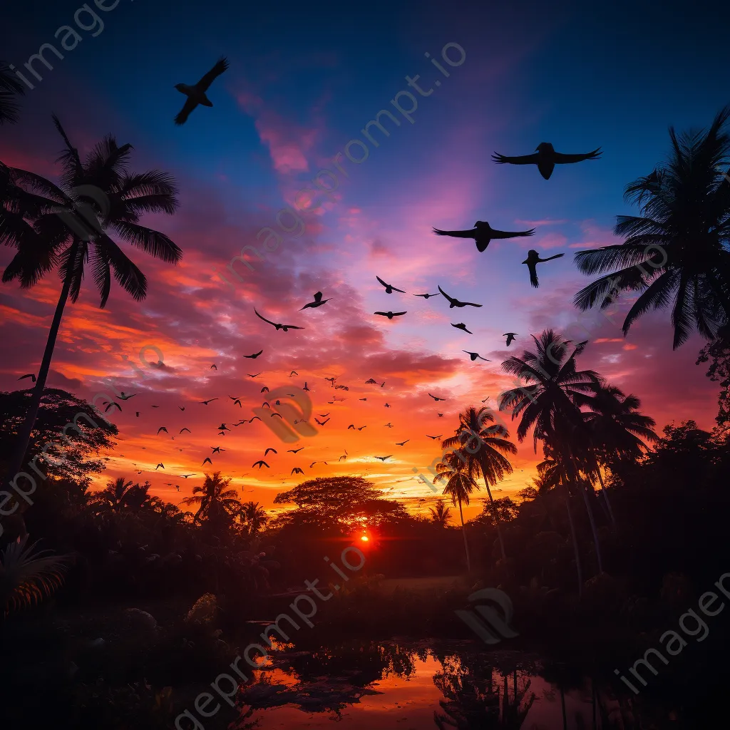 Colorful sunset over jungle landscape with silhouettes - Image 2