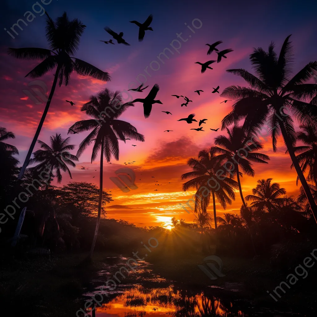 Colorful sunset over jungle landscape with silhouettes - Image 3