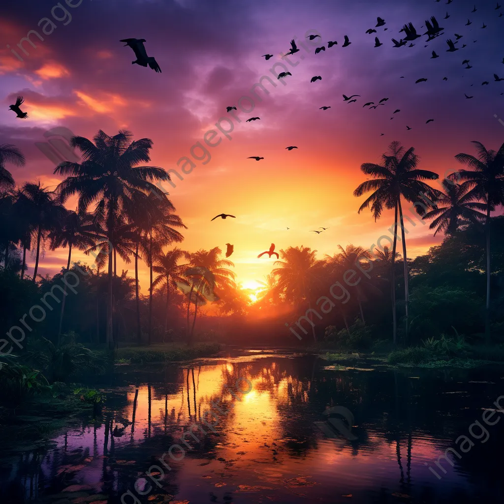 Colorful sunset over jungle landscape with silhouettes - Image 4