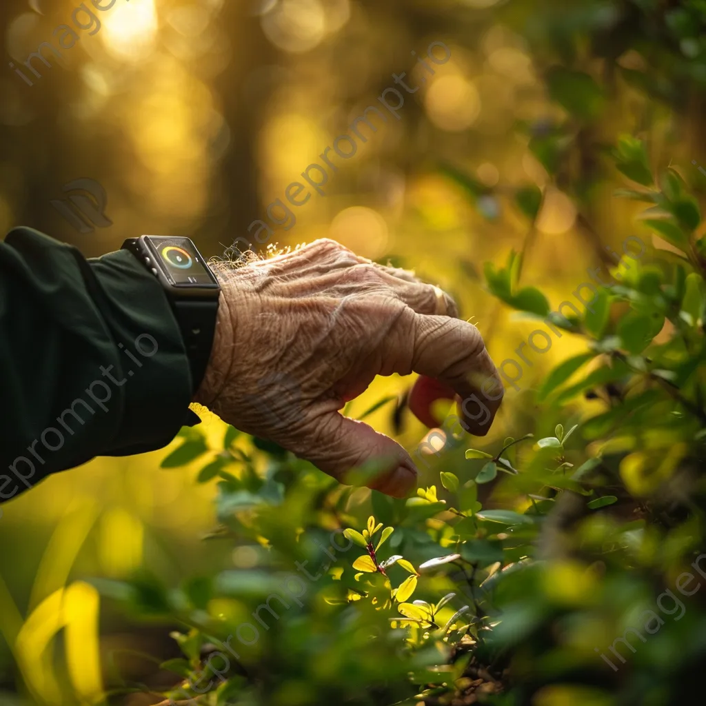 Elderly individual using smartwatch while relaxing in garden - Image 1