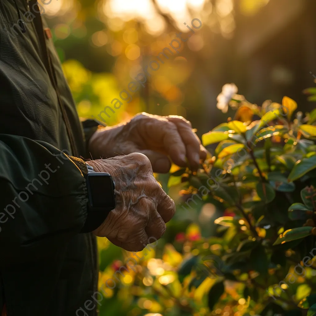 Elderly individual using smartwatch while relaxing in garden - Image 2