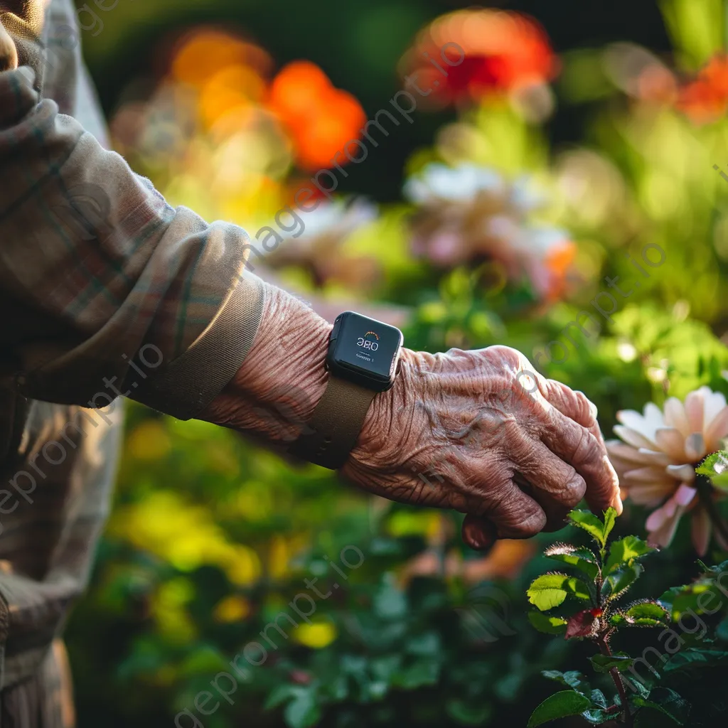 Elderly individual using smartwatch while relaxing in garden - Image 3