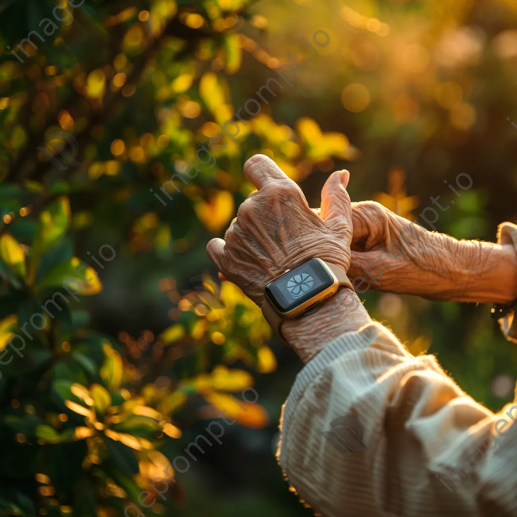 Elderly individual using smartwatch while relaxing in garden - Image 4