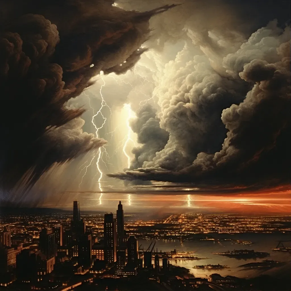 Illustration of a thunderstorm over an urban landscape with lightning strikes lighting up the sky. - Image 1