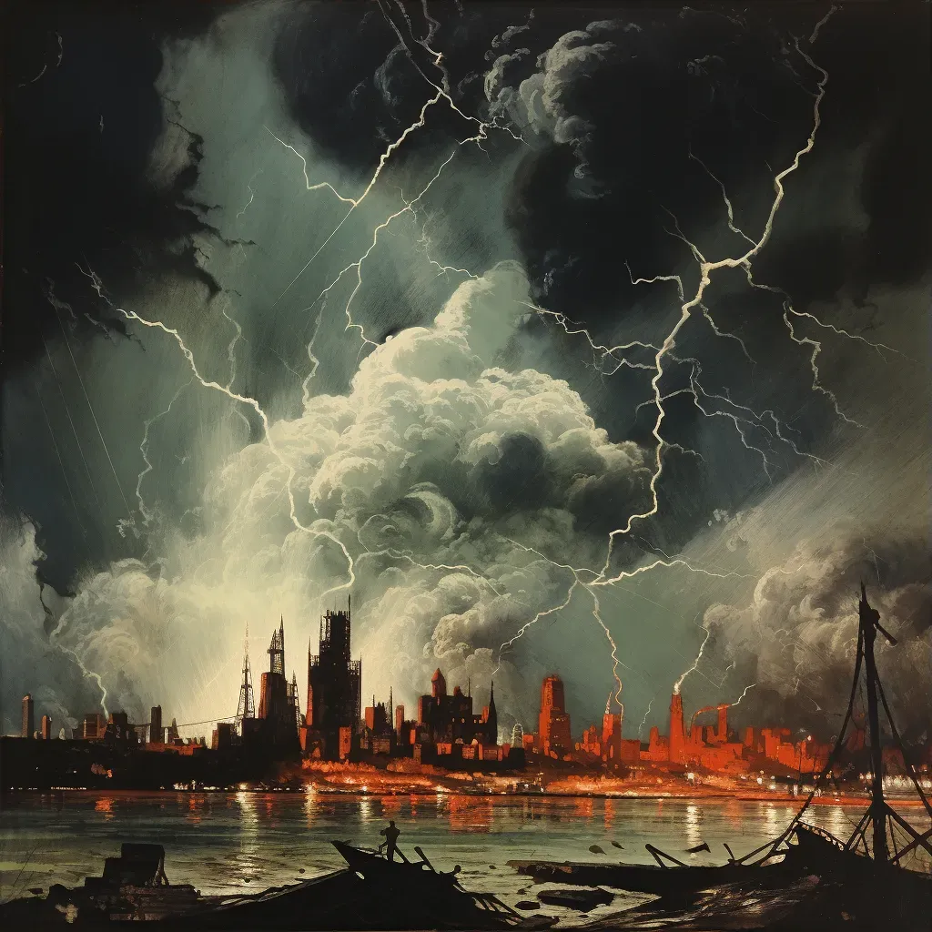 Illustration of a thunderstorm over an urban landscape with lightning strikes lighting up the sky. - Image 3