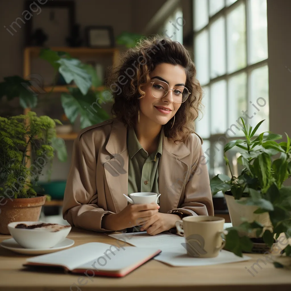 Young professional with coffee, notebook, and planner at a desk - Image 1