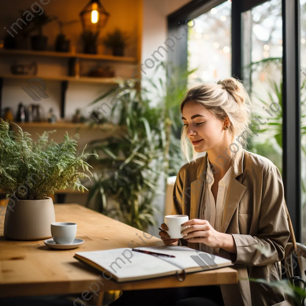 Young professional with coffee, notebook, and planner at a desk - Image 3